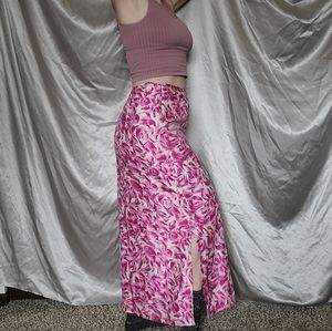 y2k Barbie Indie Coquette Beachy Anthropologie Pink Silk Floral Print Maxi Skirt
